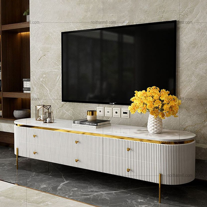 Kệ tivi gỗ mặt đá kết hợp inox 304 mạ titan