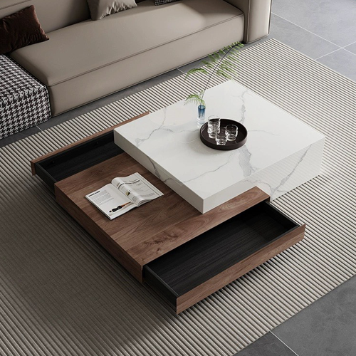 Bàn trà đá phiến cao cấp phối gỗ công nghiệp phong cách Ý